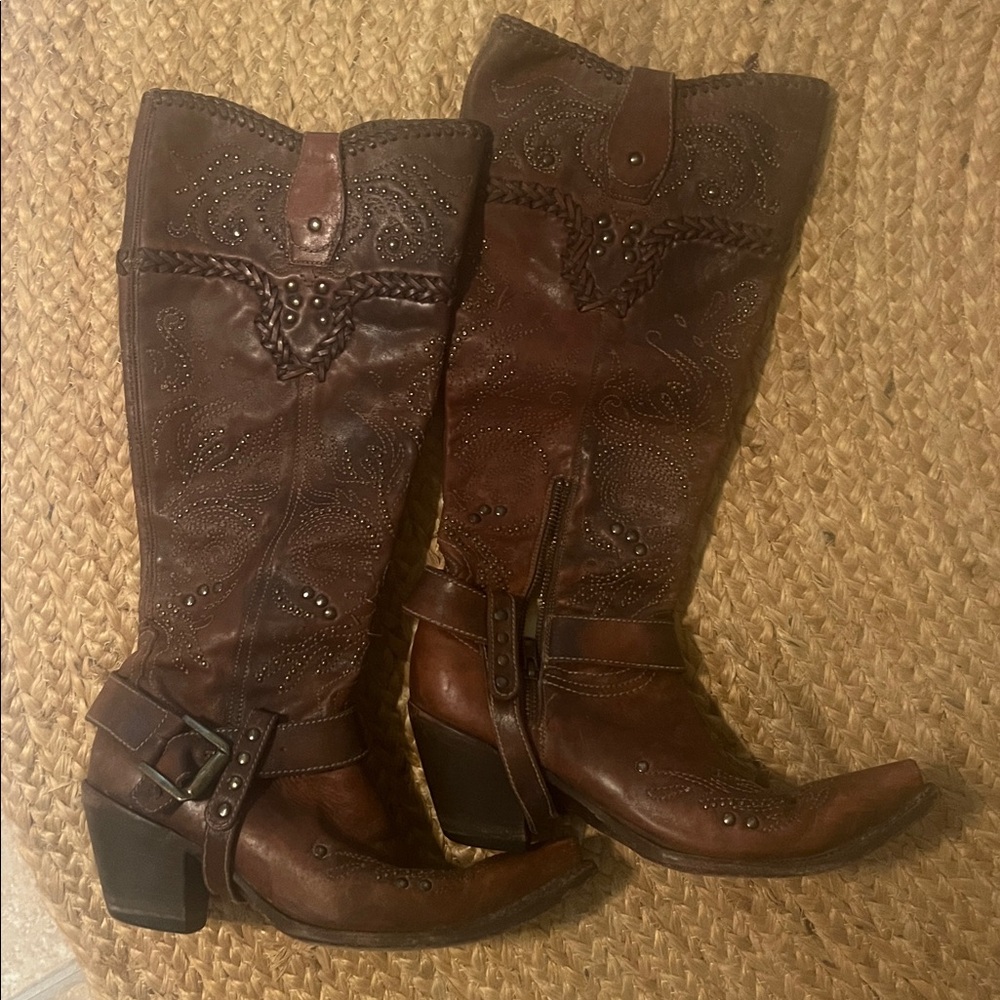 Brown Leather Western tall Boots Corral buckle studded embroidered braided 9 1/2
